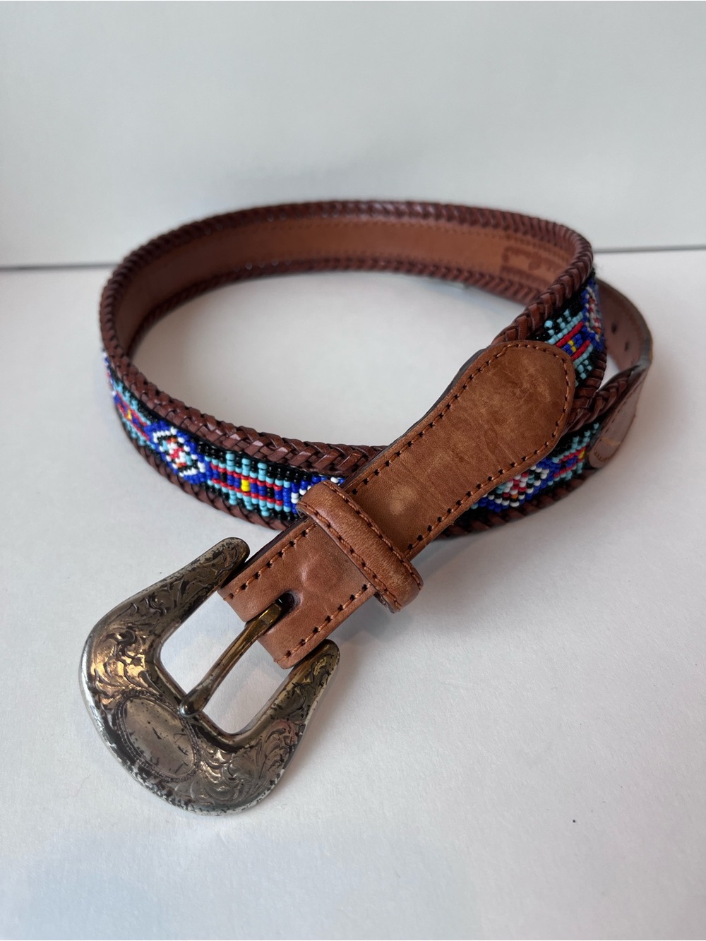 Vintage Eddie Bauer Beaded Southwestern Leather Belt